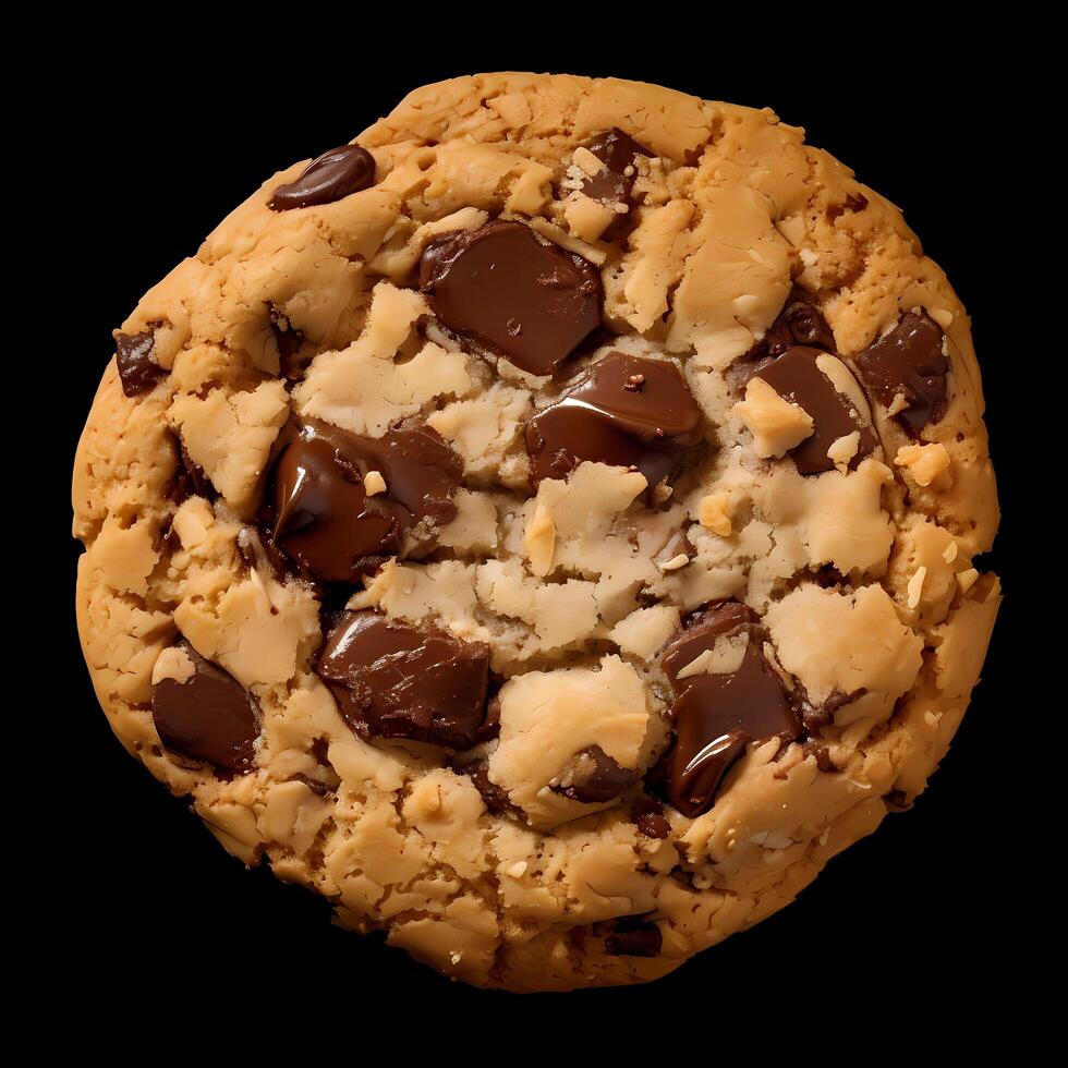 AI generated A classic Chocolate Chunk cookie, featuring generous chunks of premium dark chocolate embedded in a perfectly baked, golden-brown cookie dough, creating a heavenly blend of cocoa flavors photo