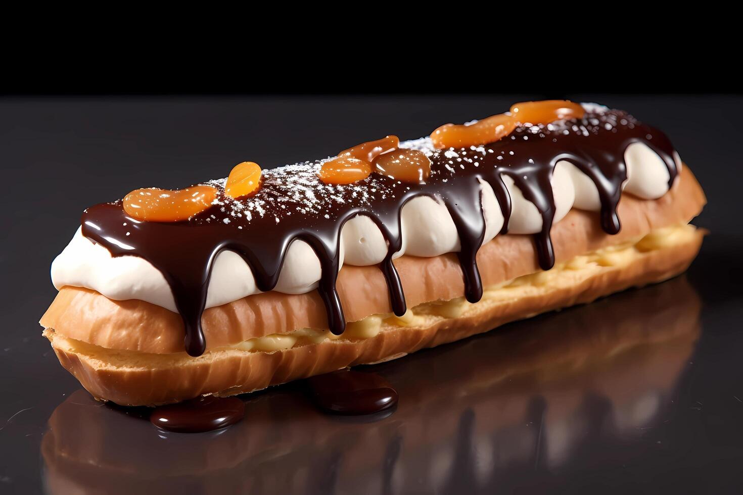 ai generado eclair - saludar desde Francia, un eclair es un largo Pastelería lleno con crema y coronado con chocolate Formación de hielo foto