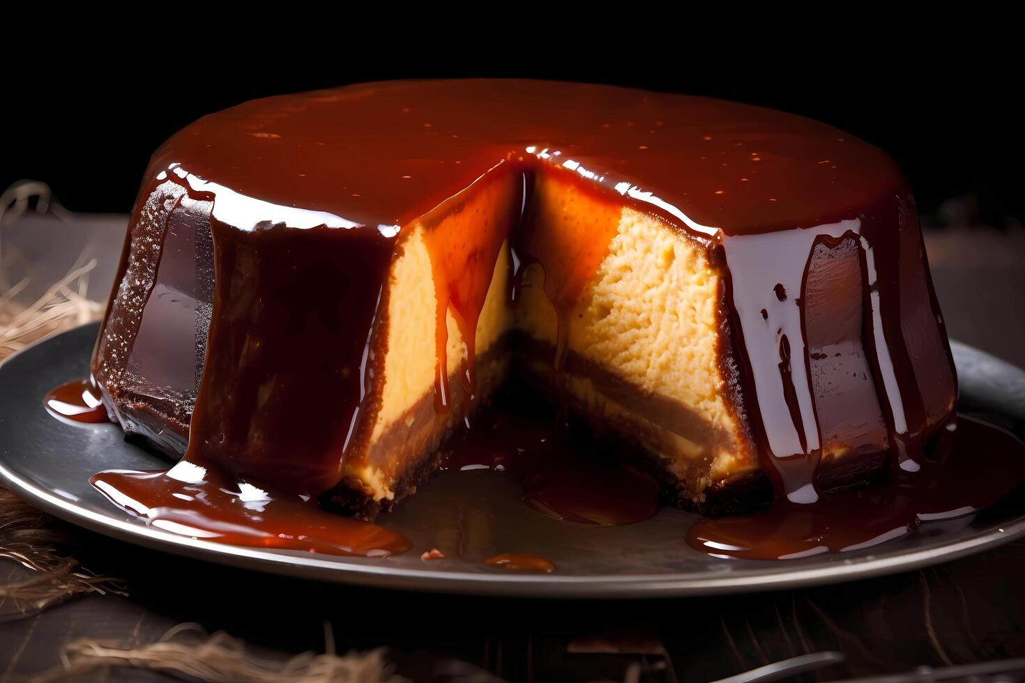 AI generated Chocoflan - A popular Mexican dessert, chocoflan combines layers of chocolate cake and creamy flan, caramel custard, in one delicious treat photo