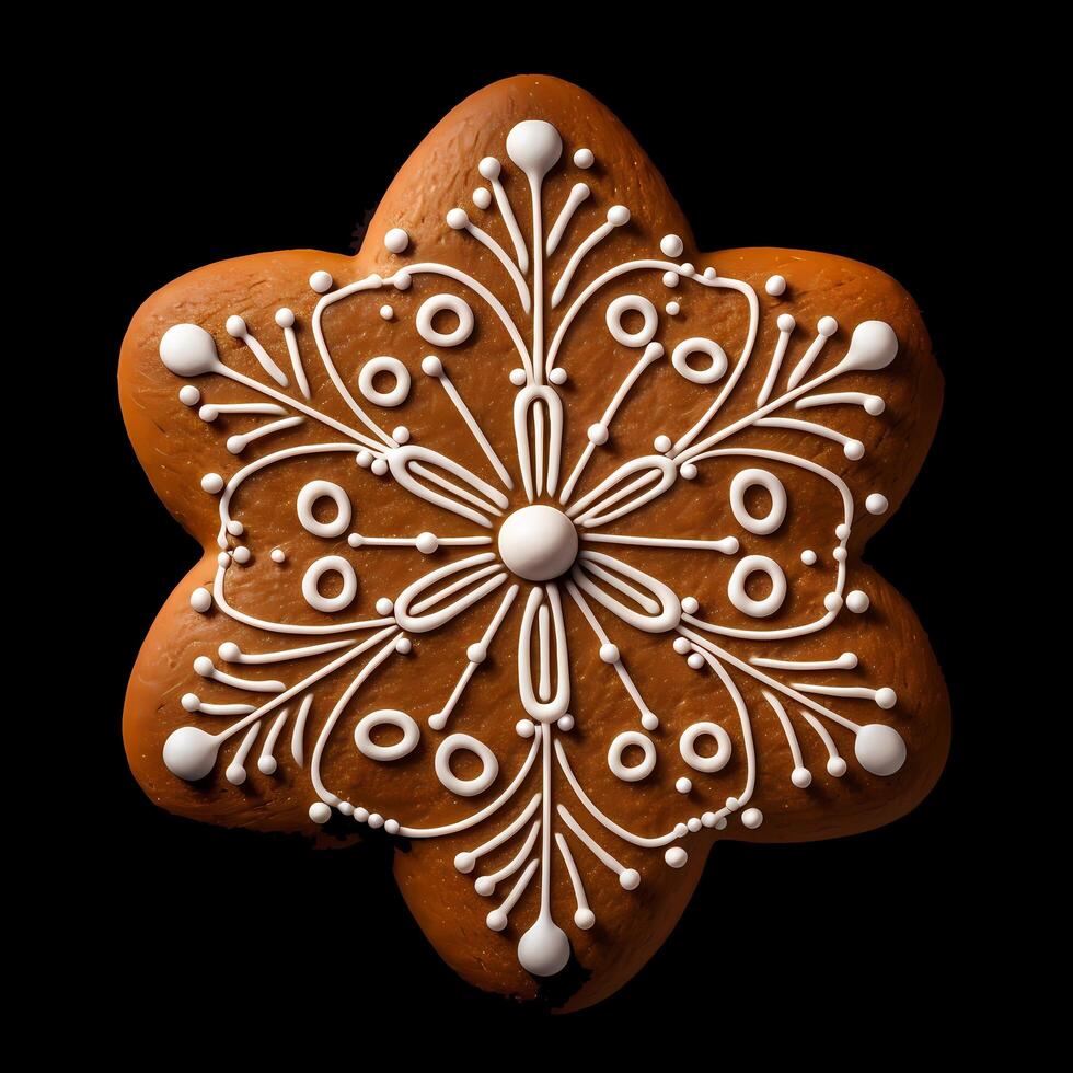 AI generated A charming Gingerbread cookie, expertly crafted in the delightful shape of a snowflake, radiating warmth with its fragrant blend of spices and adorned with sweet icing details photo