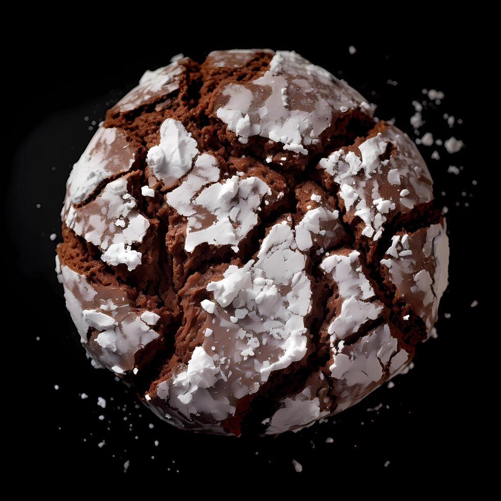 AI generated Chocolate Crinkle cookie, a marvel of baking alchemy, a decadent cocoa-infused dough that, when rolled in powdered sugar before baking, magically forms distinctive crackled patterns photo