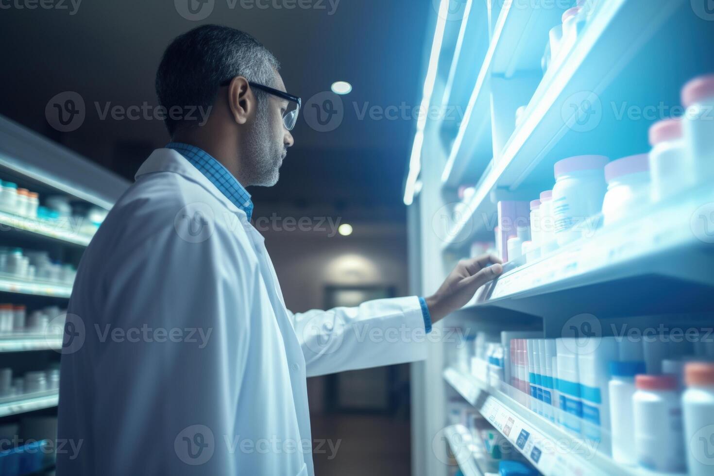 AI generated Pharmacist holding medicine capsule pack at the pharmacy drugstore photo