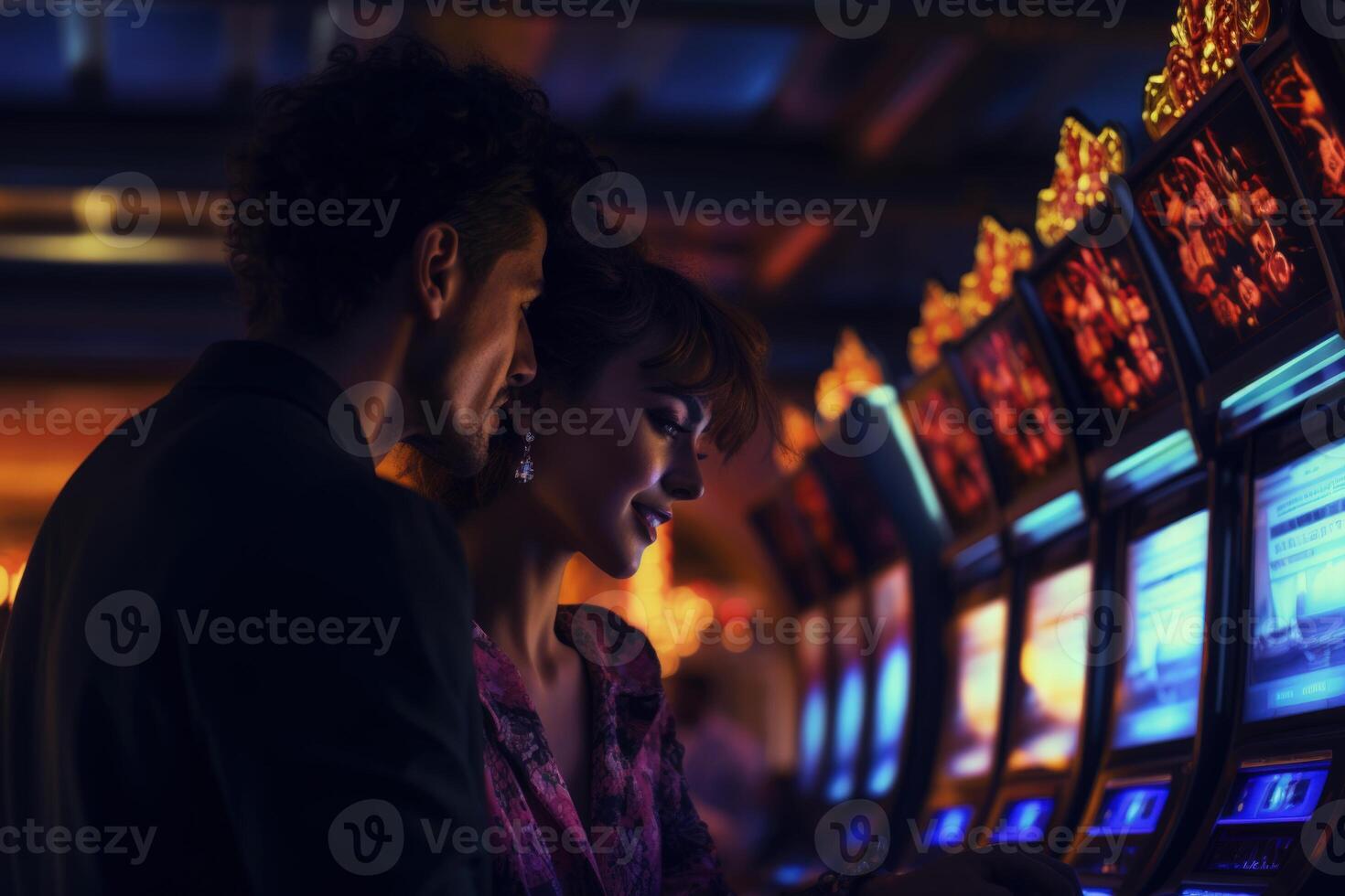 AI generated Woman enjoying slot machine at casino. photo