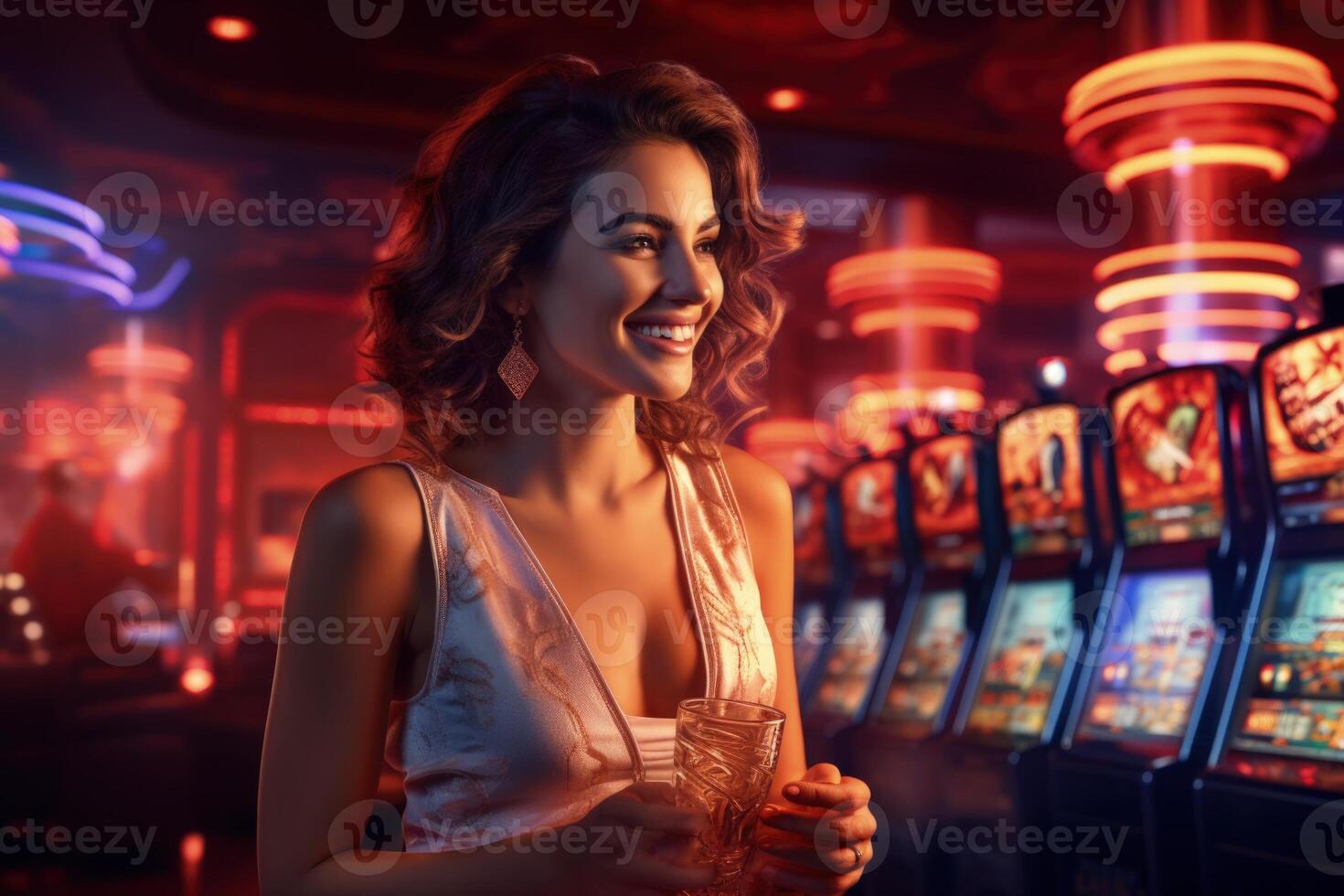 AI generated Woman enjoying slot machine at casino. photo