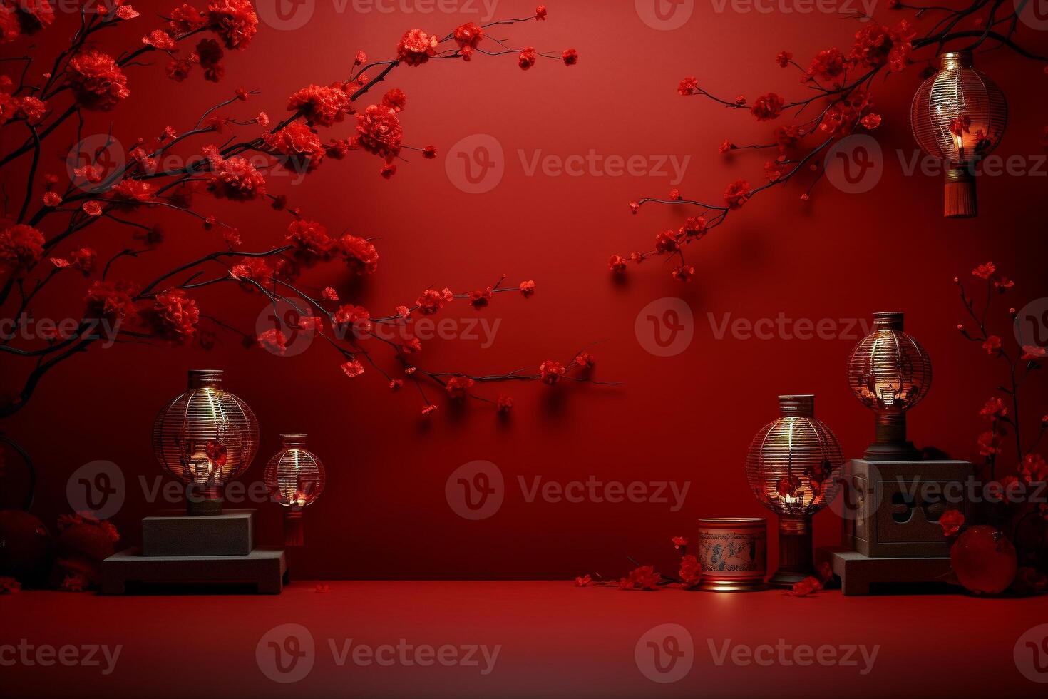 AI generated AI Generated Chinese lunar new year background design concept with lantern and festive decoration. photo