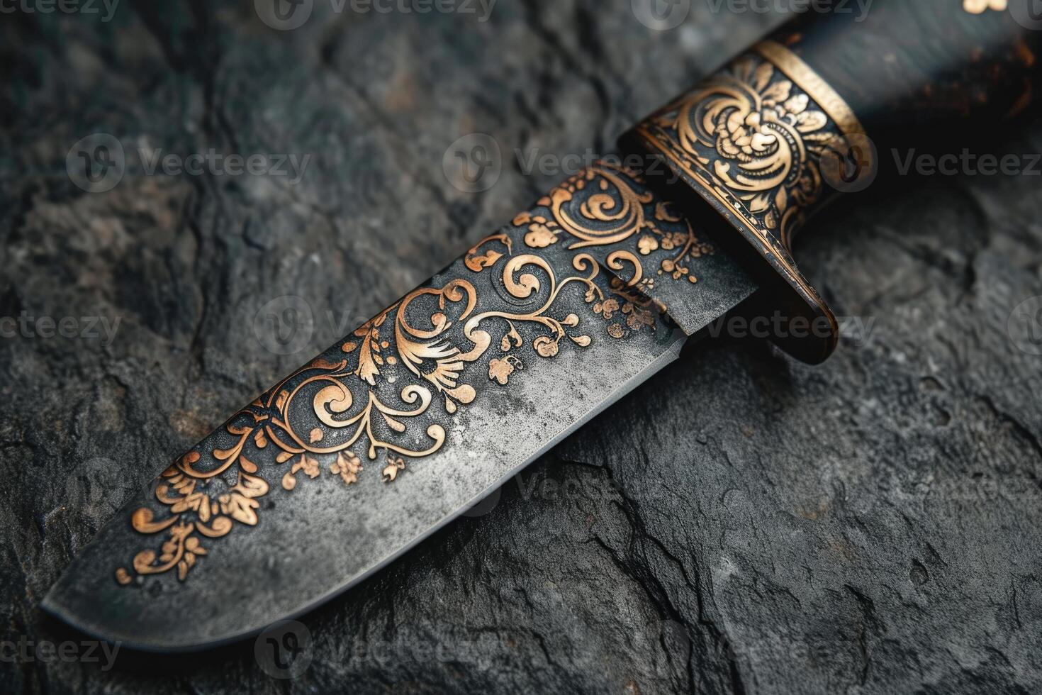 AI generated One Stylish Damascus steel kitchen knife on a wooden board photo