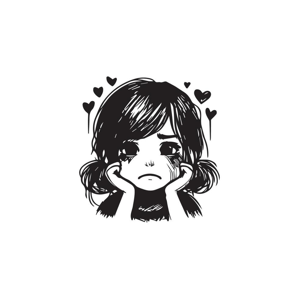 Sad Girl Face Scrible black and white vector