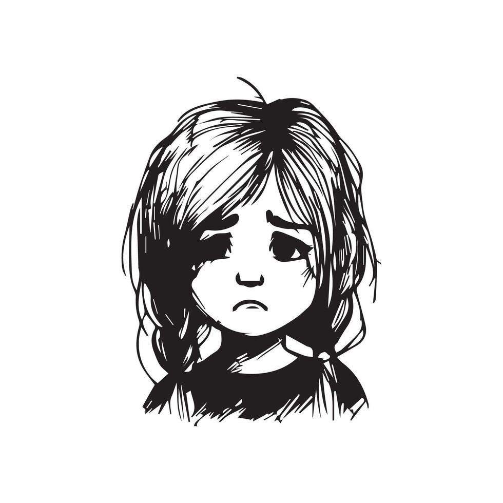 Sad Girl Face Scrible black and white vector