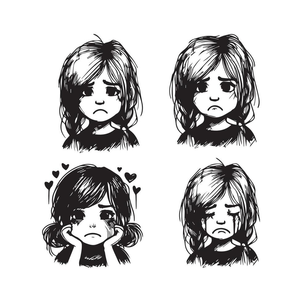 Sad Girl Face Scrible black and white vector