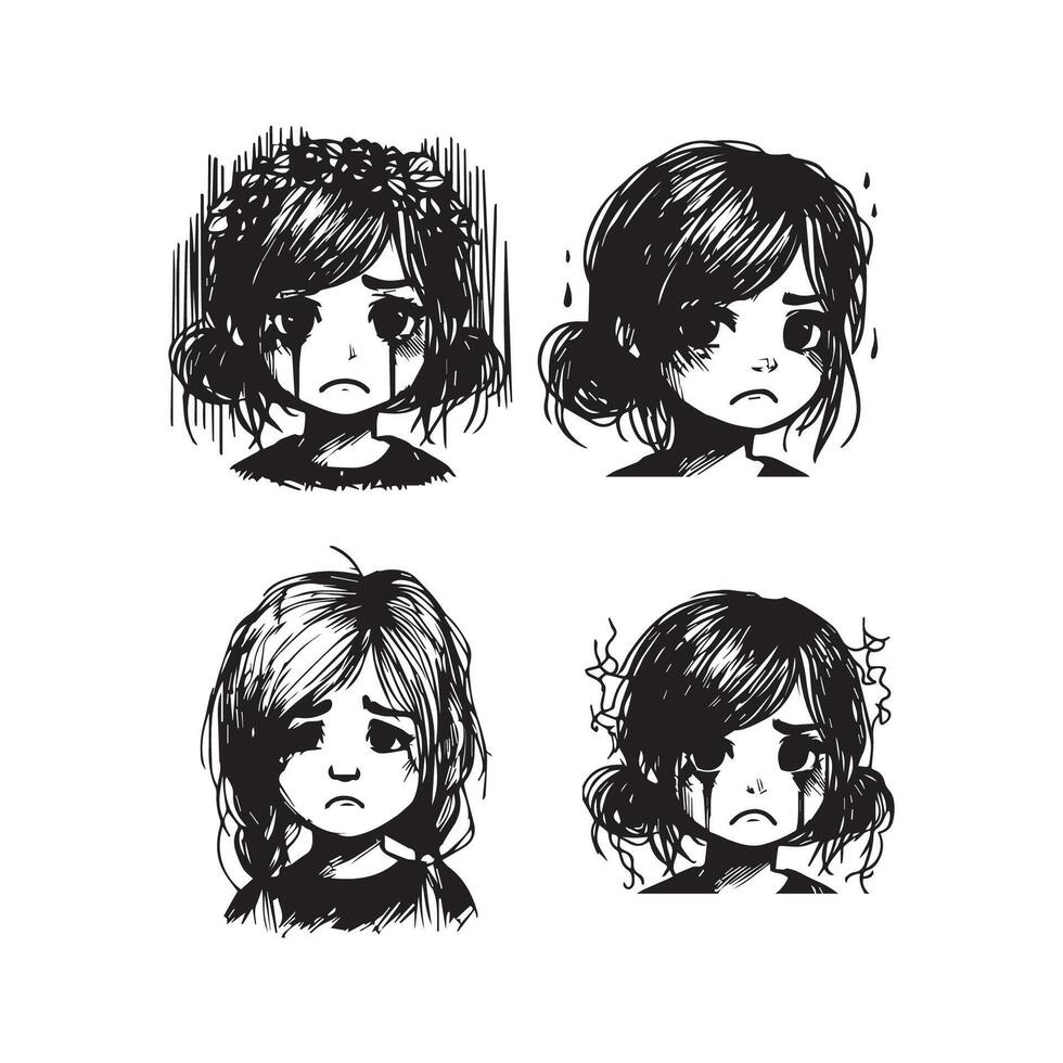 Sad Girl Face Scrible black and white vector