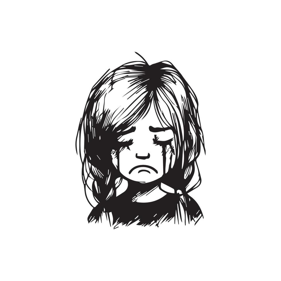 Sad Girl Face Scrible black and white vector