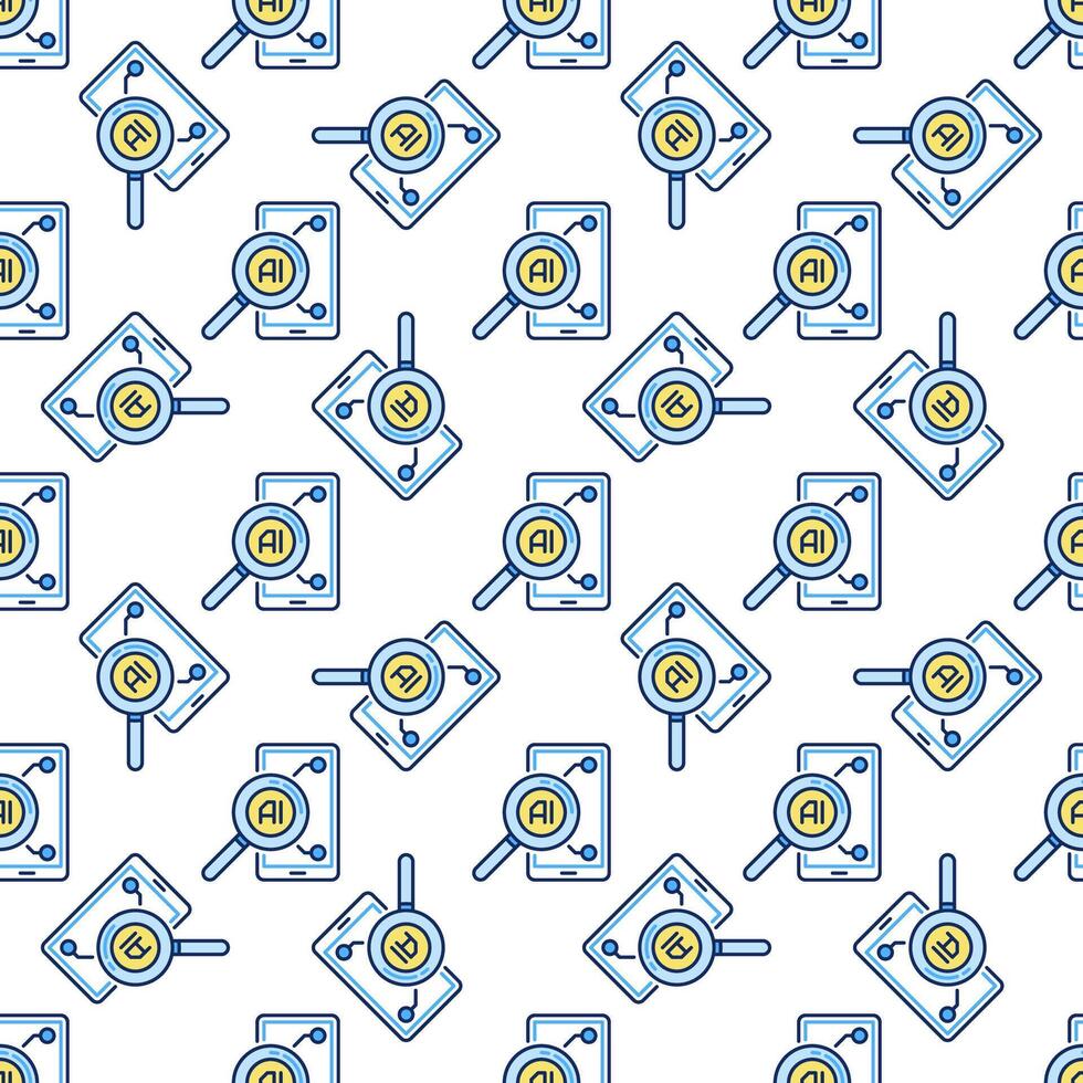 Smart Phone with AI and Magnifier vector Artificial Intelligence Searching colored Seamless Pattern