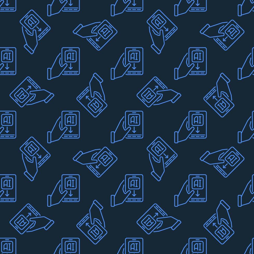 Hand and Phone with AI vector Artificial Intelligence thin line blue Seamless Pattern