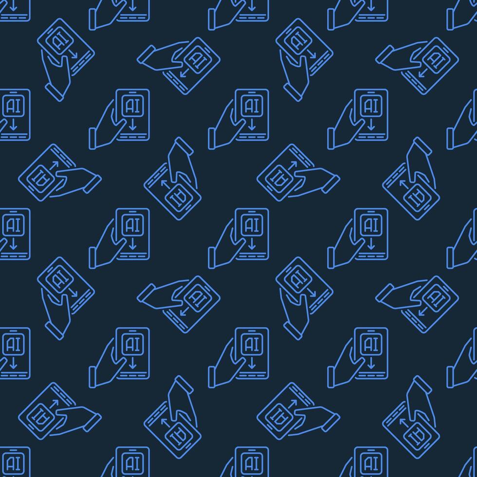 Hand and Phone with AI vector Artificial Intelligence thin line blue Seamless Pattern