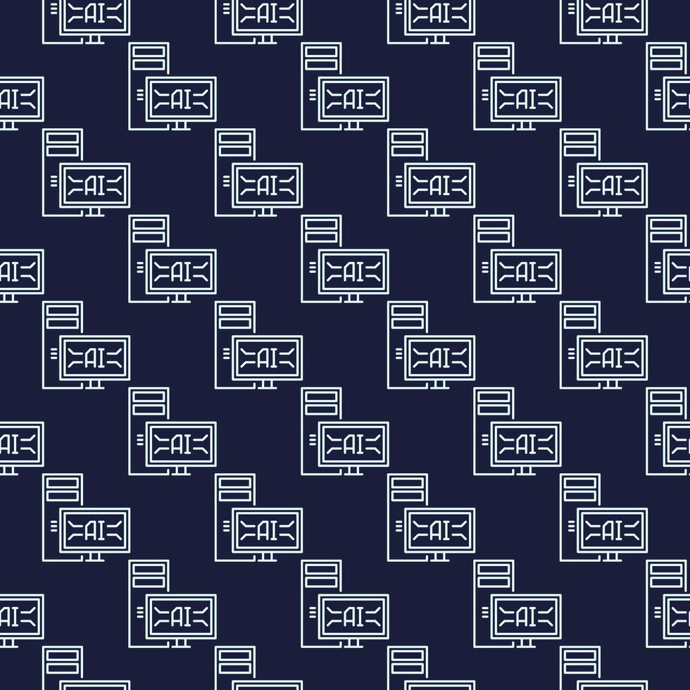 Artificial Intelligence Desktop Computer vector AI blue seamless pattern in thin line style