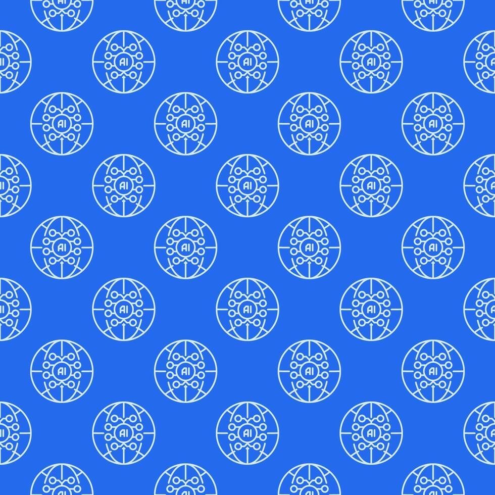 AI Brain inside Earth Globe vector Artificial Intelligence outline blue seamless pattern