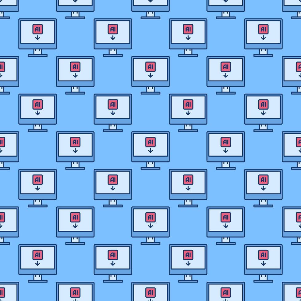 Artificial Intelligence on Computer Display vector AI technology colored seamless pattern
