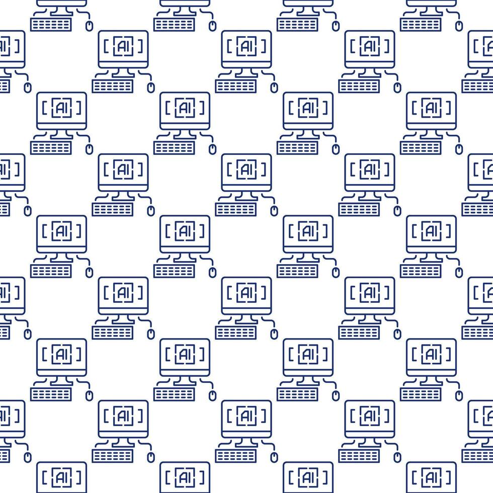 Artificial Intelligence Personal Computer with keyboard and mouse vector seamless pattern in outline style