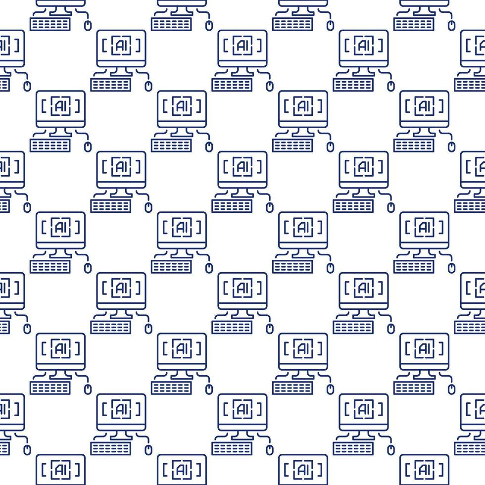 Artificial Intelligence Personal Computer with keyboard and mouse vector seamless pattern in outline style