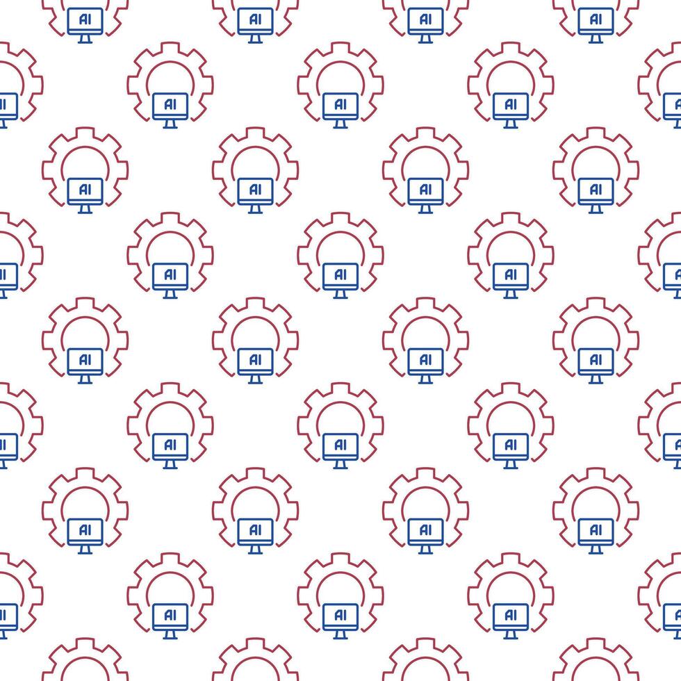 Artificial Intelligence Computer inside Cog Wheel vector AI seamless pattern in thin line style