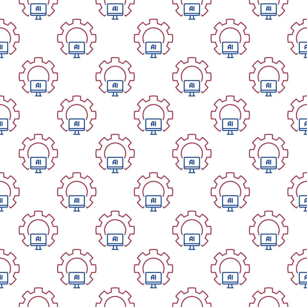 Artificial Intelligence Computer inside Cog Wheel vector AI seamless pattern in thin line style