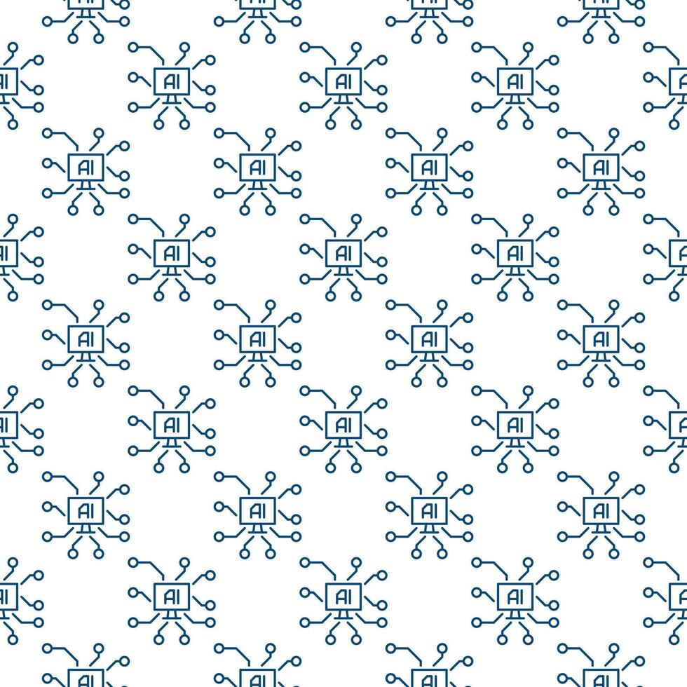 Artificial Intelligence and Personal Computer vector AI on PC Screen seamless pattern in outline style