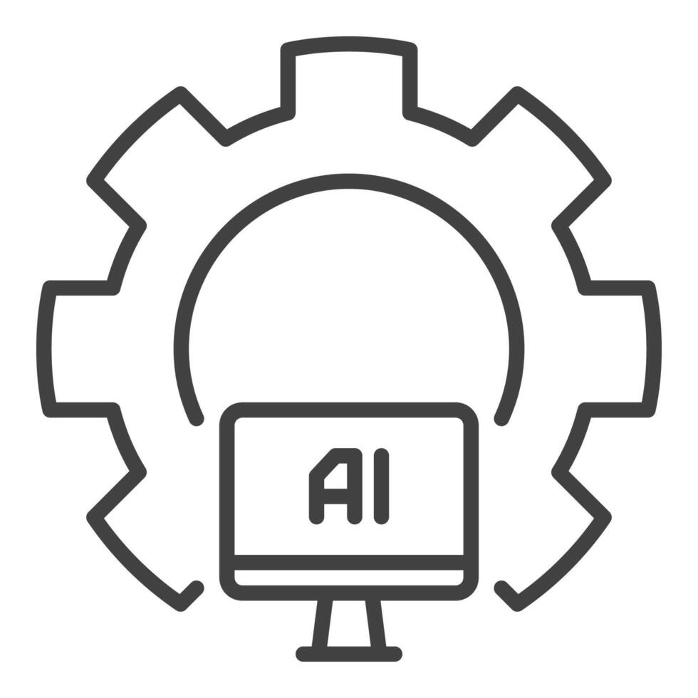 Artificial Intelligence Computer inside Cog Wheel vector AI icon or sign in thin line style