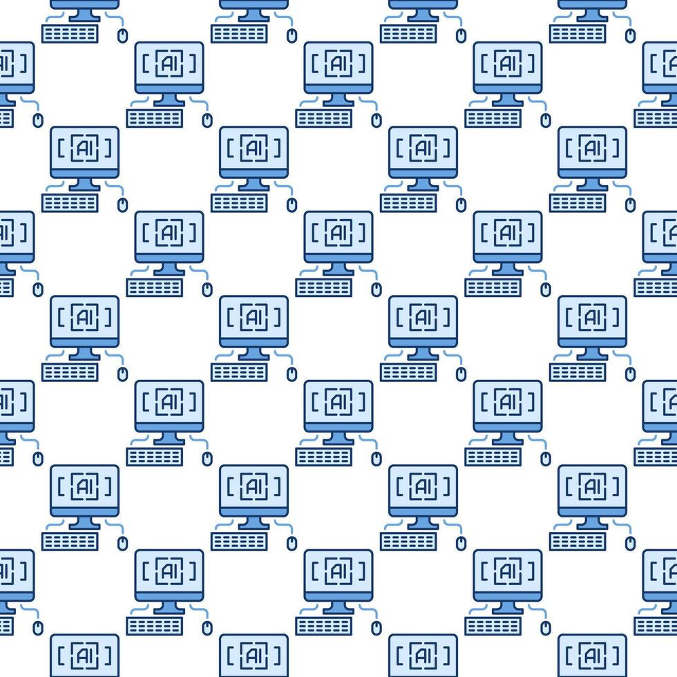 Artificial Intelligence PC with keyboard and mouse vector colored seamless pattern