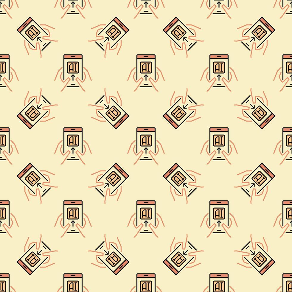 Hands Holding AI Smartphone vector Artificial Intelligence Tech colored Seamless Pattern
