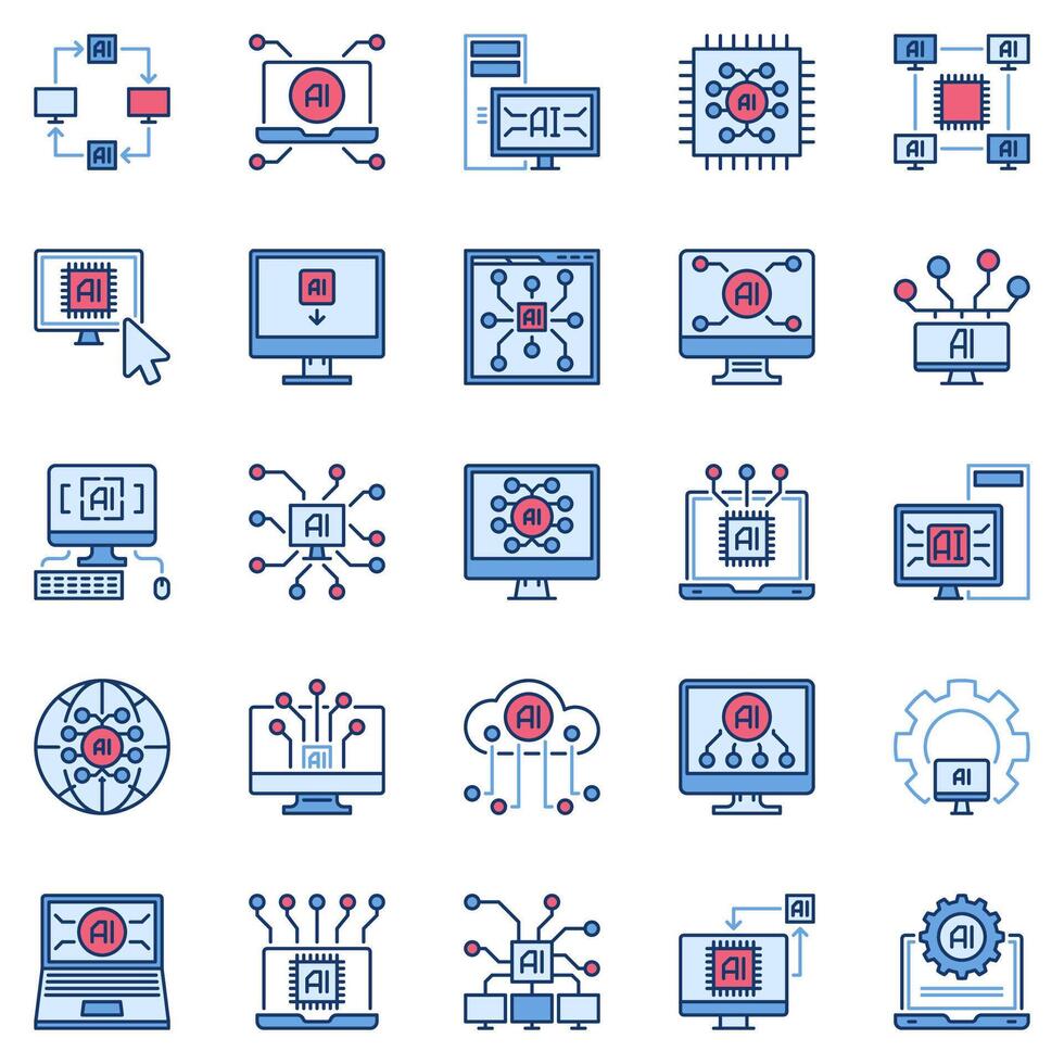 artificial inteligencia computadora de colores íconos colocar. ai ordenador personal tecnología concepto señales vector