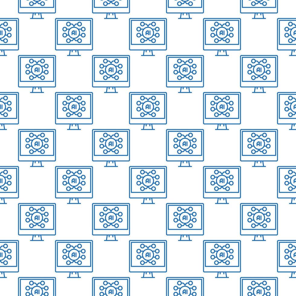 Computer with AI Artificial Intelligence vector outline seamless pattern