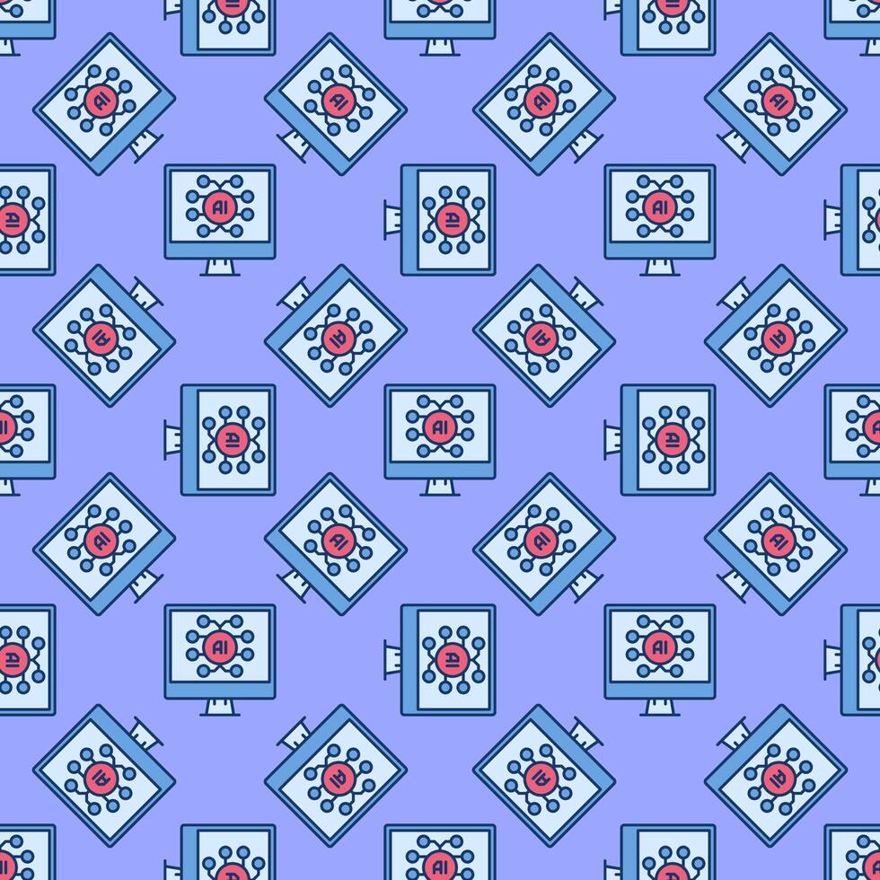 AI Brain on Computer Screen - Artificial Intelligence vector colored seamless pattern