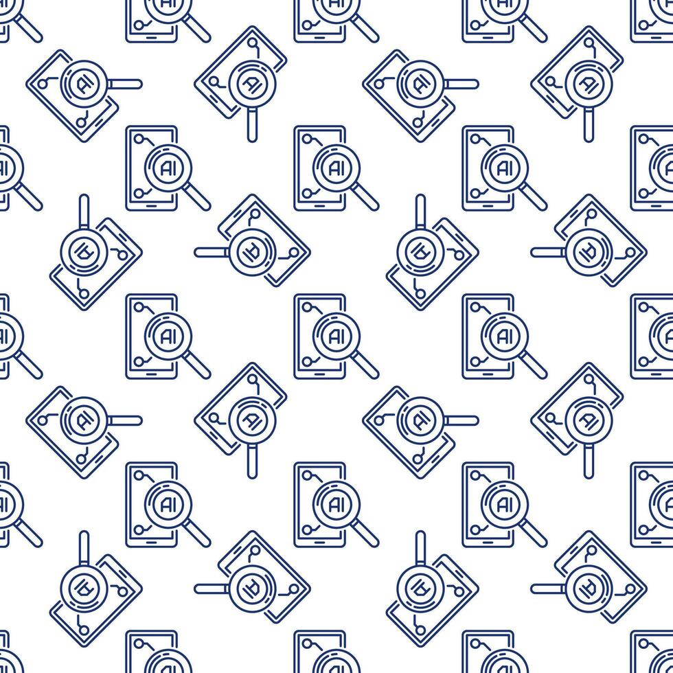 Magnifying Glass Smart Phone with Artificial Intelligence vector AI Seamless Pattern in thin line style
