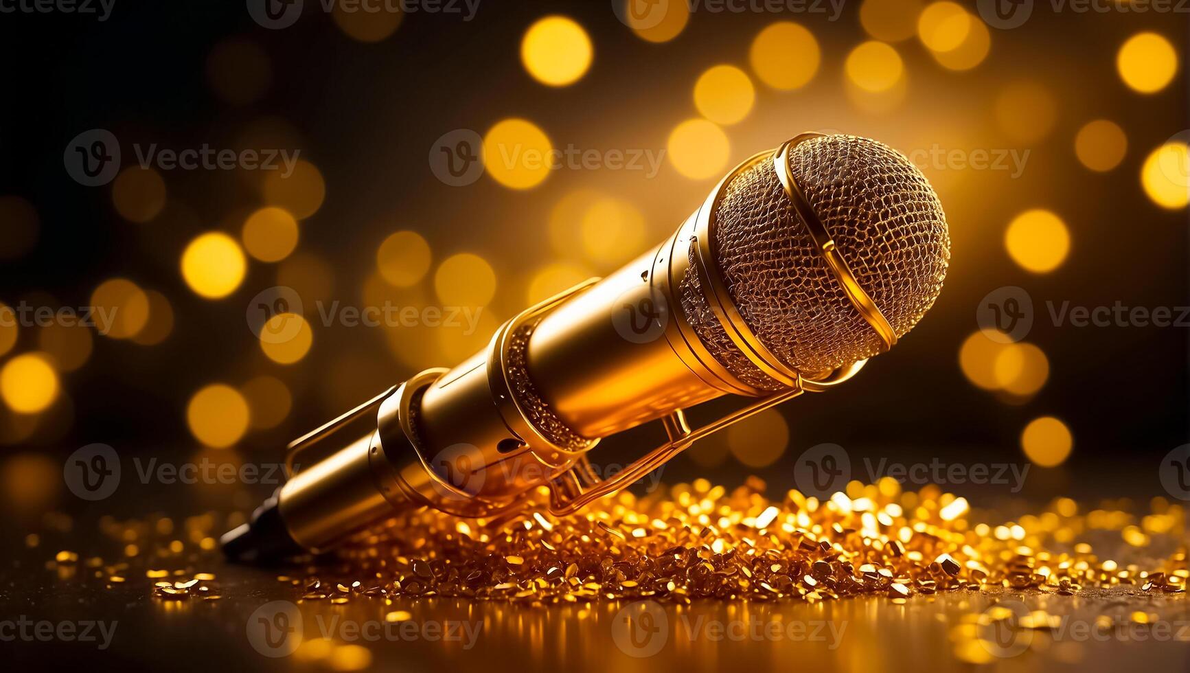 AI generated Beautiful golden microphone on a dark background photo
