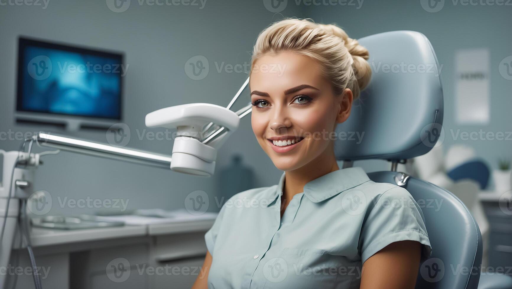 ai generado hermosa niña en un dental silla en un clínica foto
