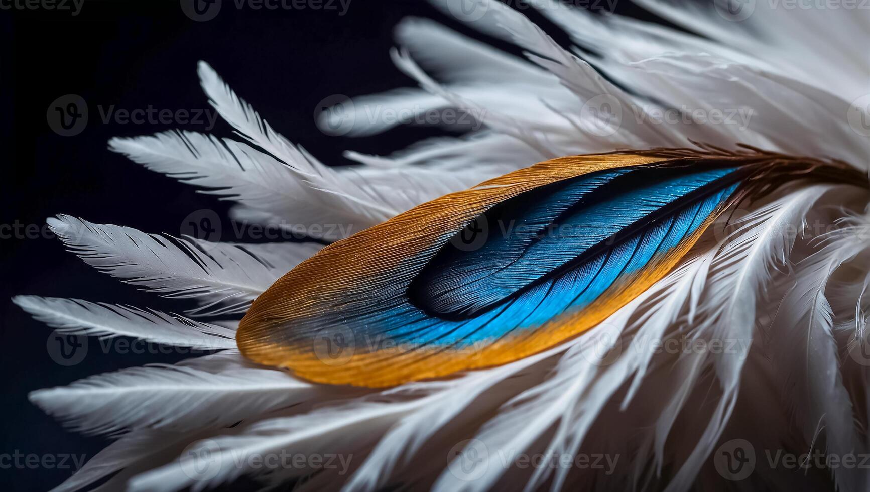 AI generated Beautiful feather, drop of water dark background photo