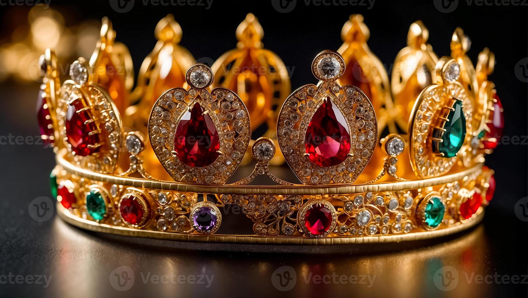 AI generated Beautiful golden crown with stones on a dark background photo