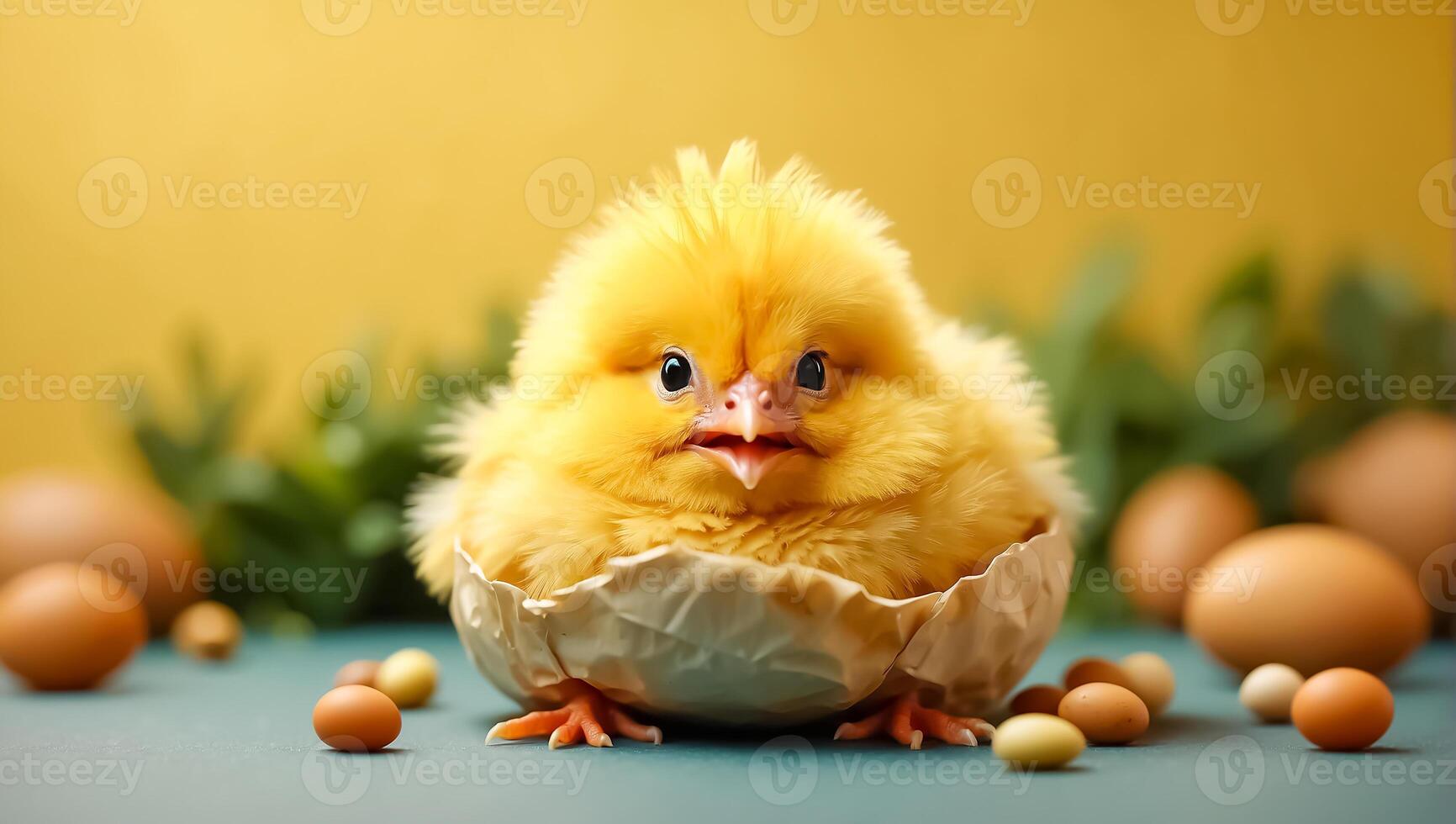 AI generated Cute fluffy shell chicken on color background photo