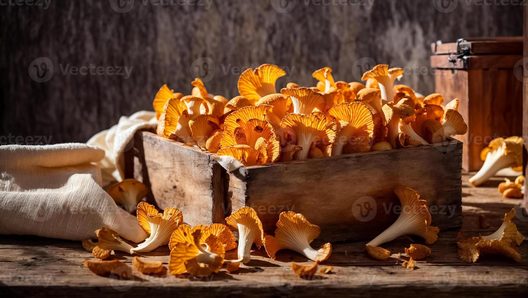 AI generated Raw Chanterelle Mushrooms on the old background photo