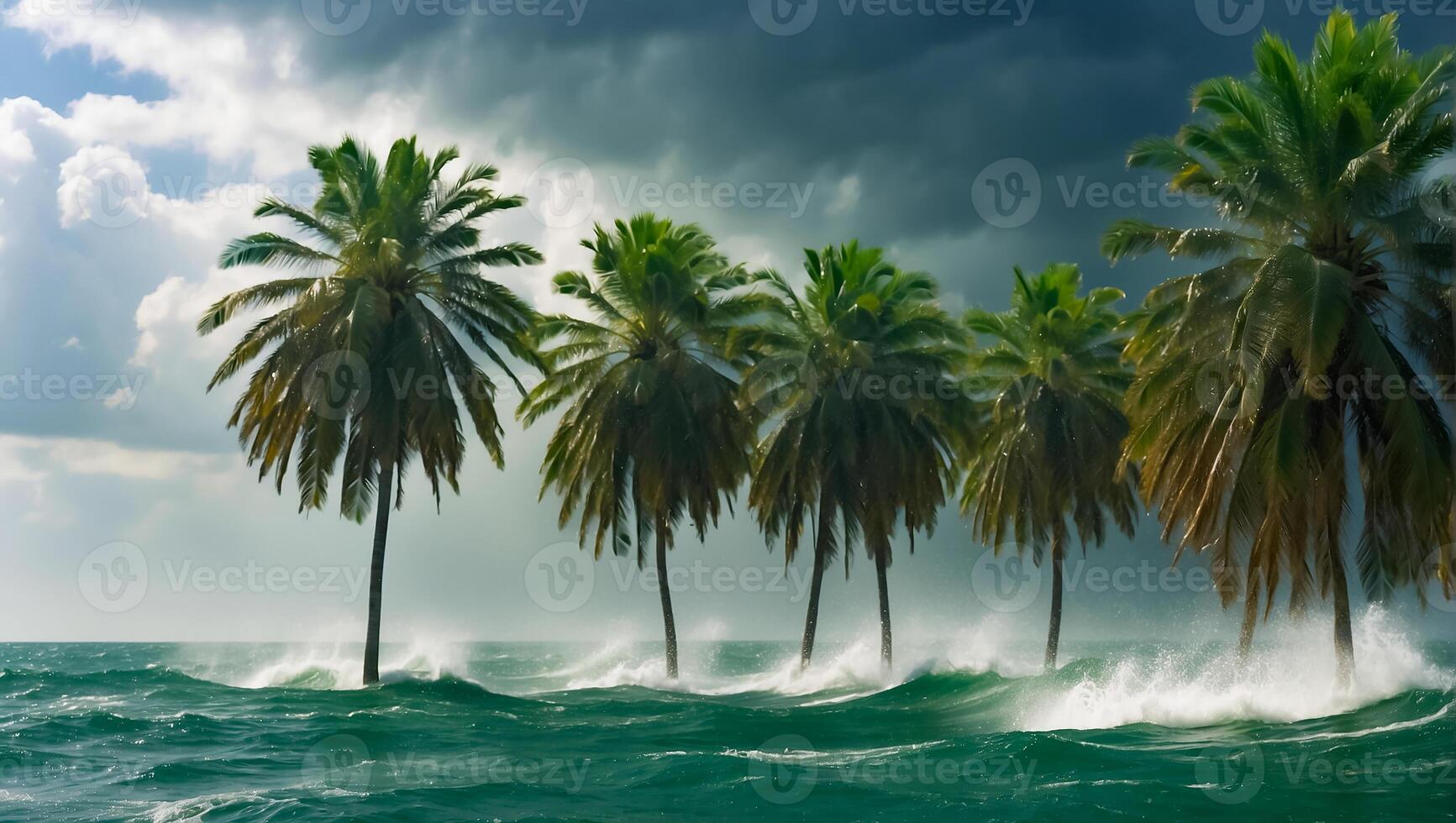 ai generado fuerte viento tropical tormenta palma árboles, Oceano apuntalar foto