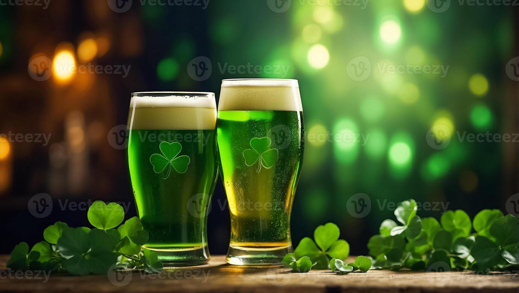 AI generated Glasses with green beer, clover leaves background photo