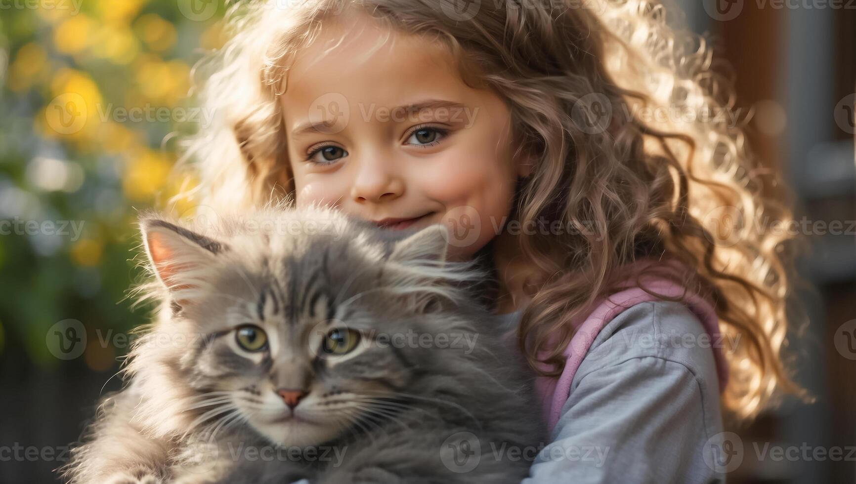 ai generado pequeño niña con linda gato al aire libre retrato foto