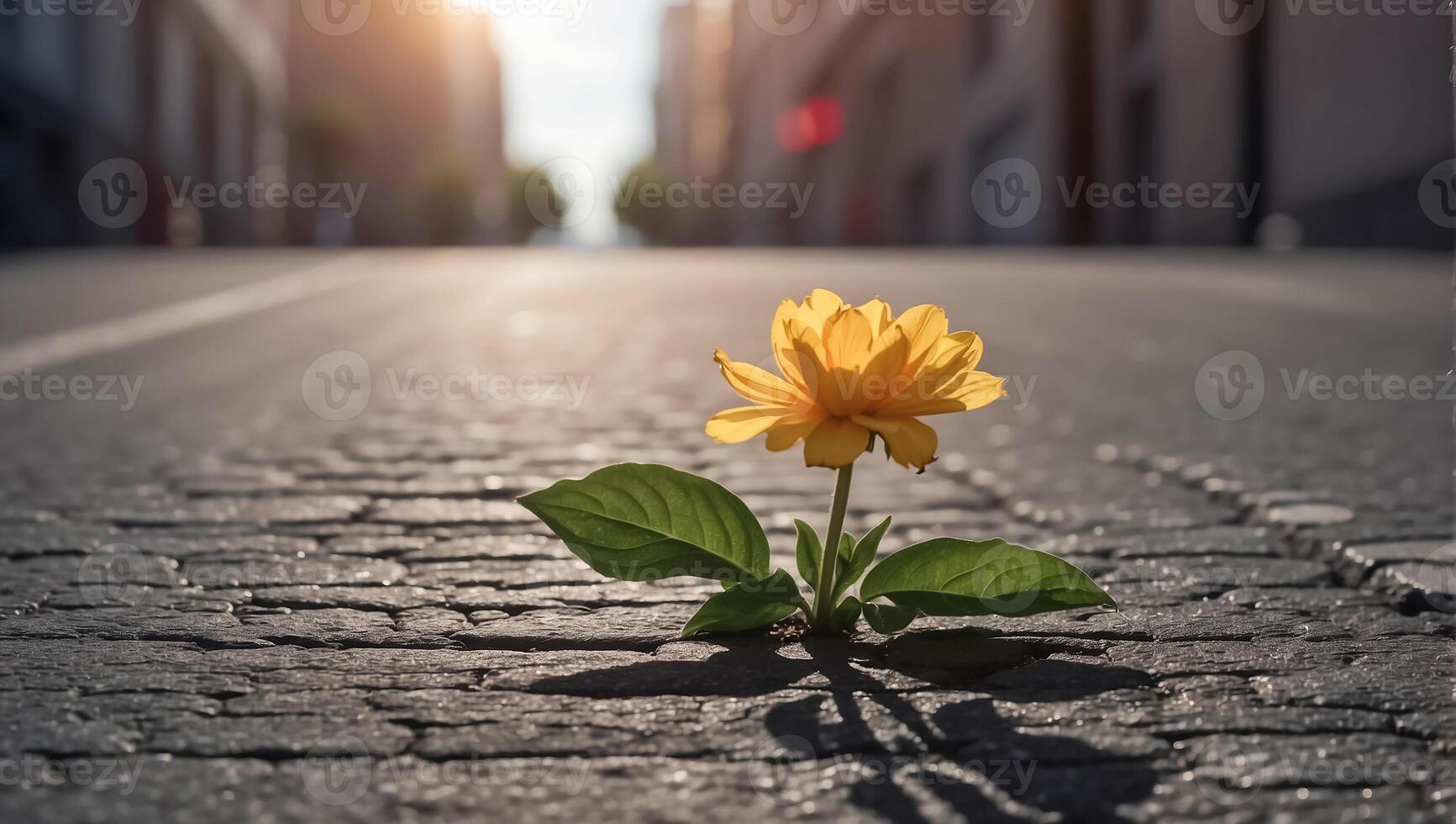 AI generated beautiful lonely flower grows from asphalt photo
