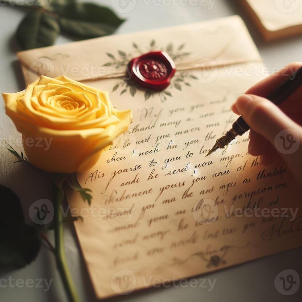 ai generado un mano escritura un letra con un cera sello y un amarillo Rosa foto