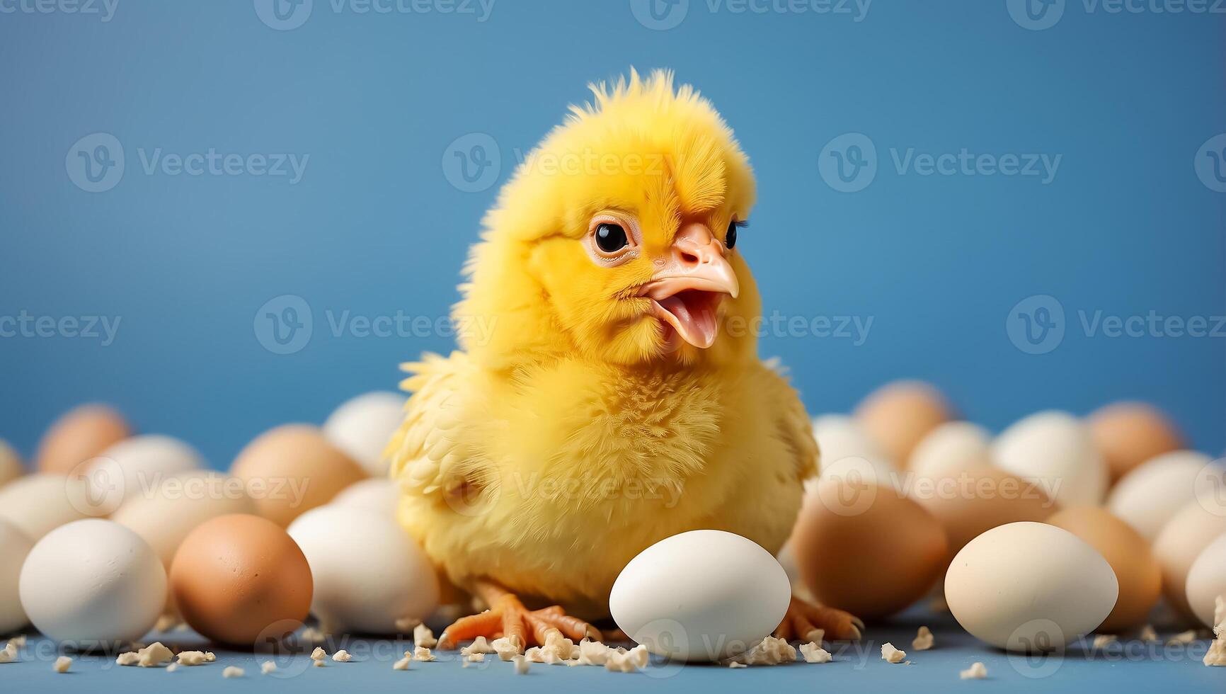 AI generated Cute fluffy shell chicken on color background photo