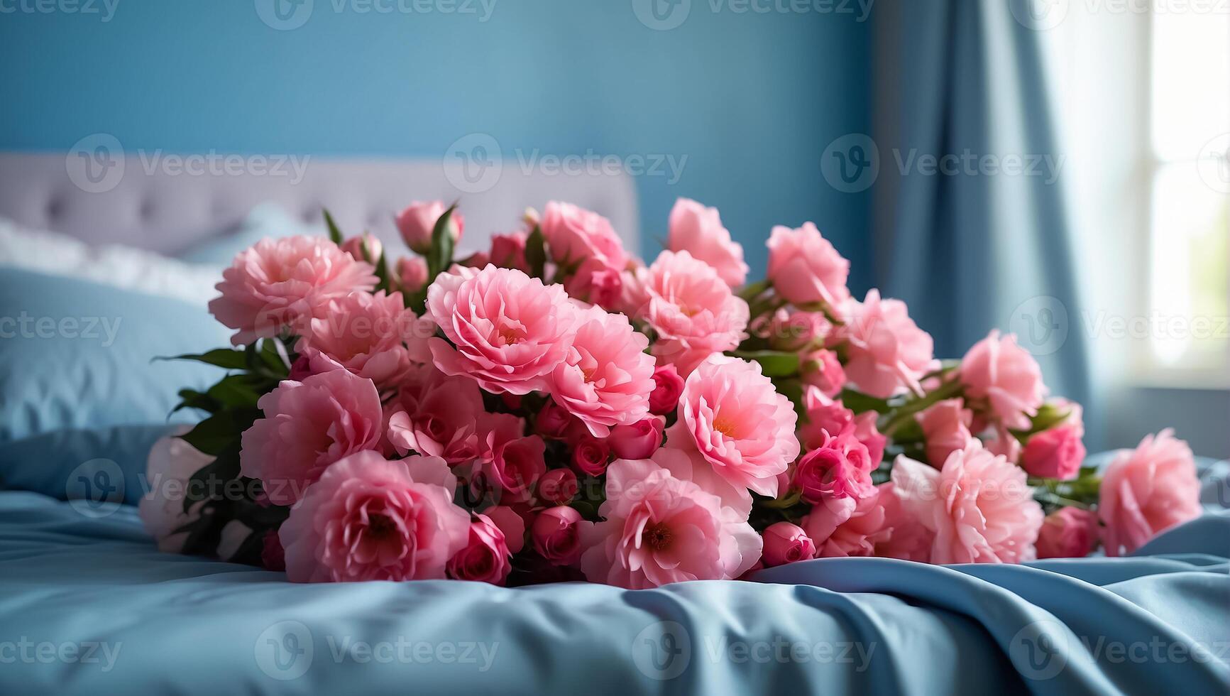 ai generado hermosa ramo de flores de flores en el cama foto