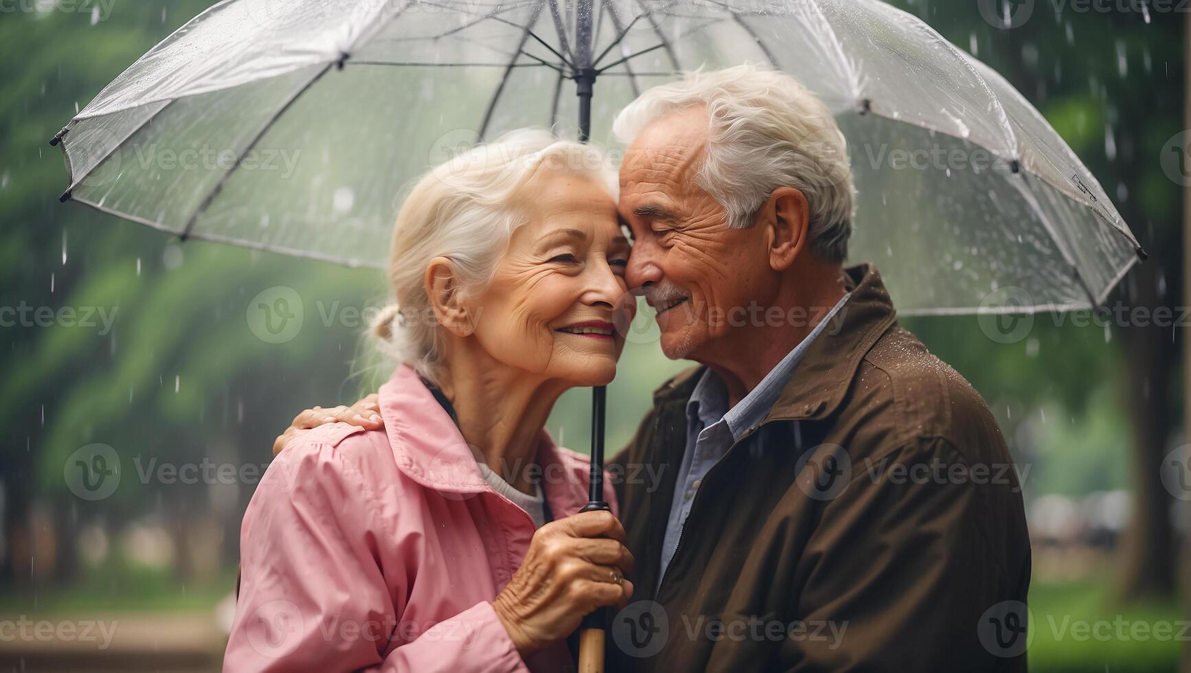 AI generated Portrait of a happy elderly couple under an umbrella in autumn photo
