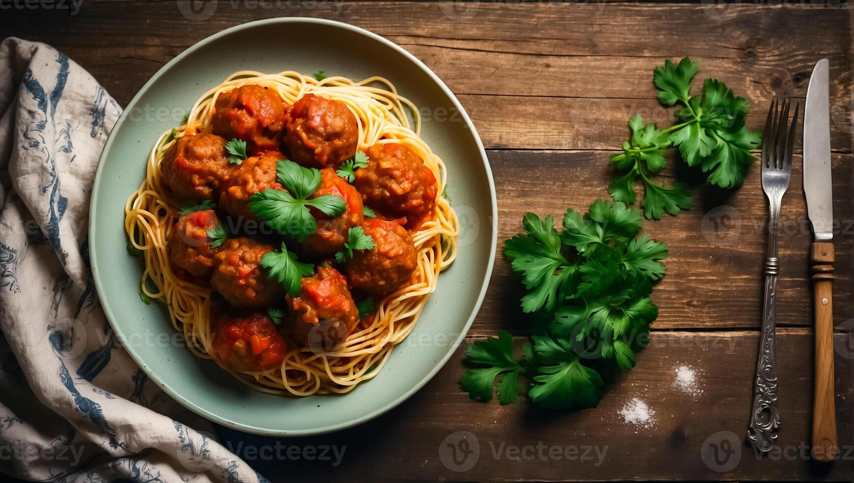 AI generated Delicious appetizing meatballs with spaghetti, tomato sauce in the kitchen photo