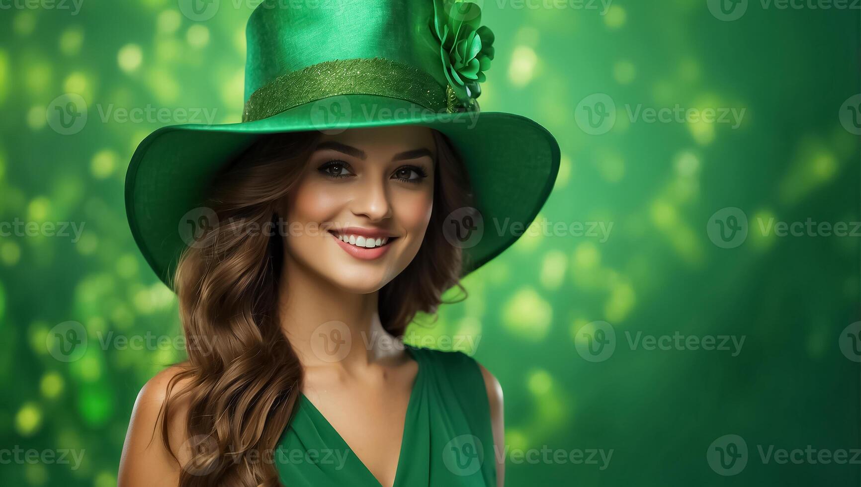 AI generated stylish happy girl in a green hat and green clothes photo
