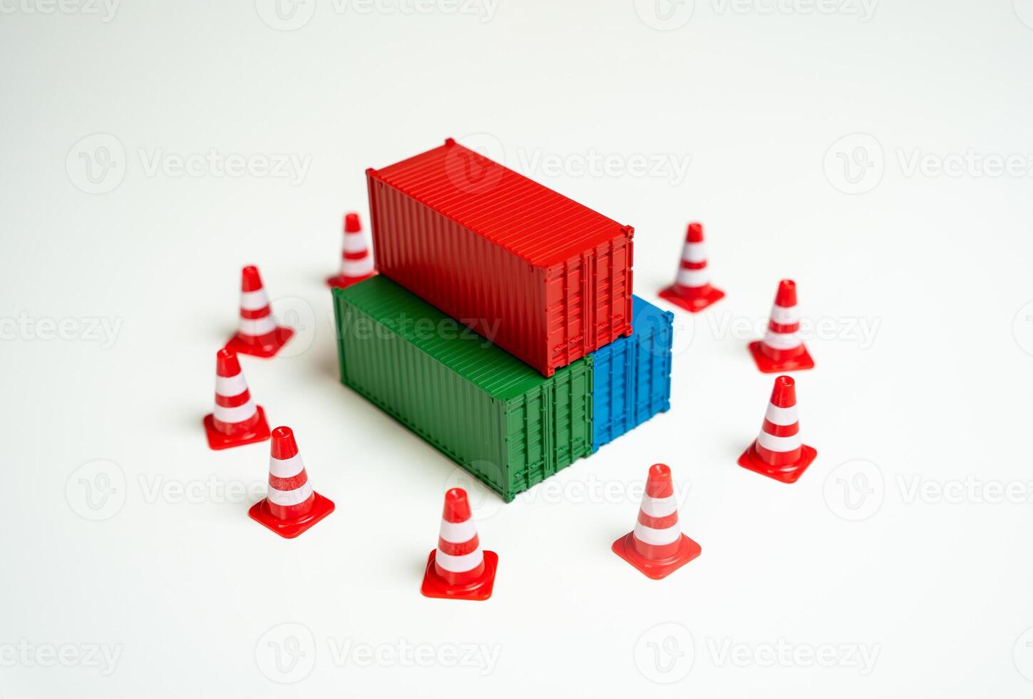 Seizure of cargo. Sea containers are surrounded by road cones and are inaccessible for transportation. Legal or logistical challenges hindering the movement of goods. Shipping complexities disruptions photo